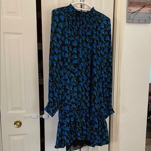 Kate Spade Blue and Black Leaf Print Long Sleeve Dress
